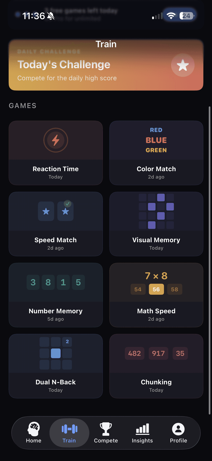 Train tab showing 8 brain games